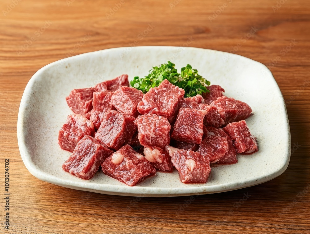 Neatly Arranged Diced Beef for Yakiniku Dish Neatly Arranged Diced Beef for Yakiniku Dish