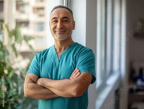 Professional Doctor in Scrubs with Arms Folded photo