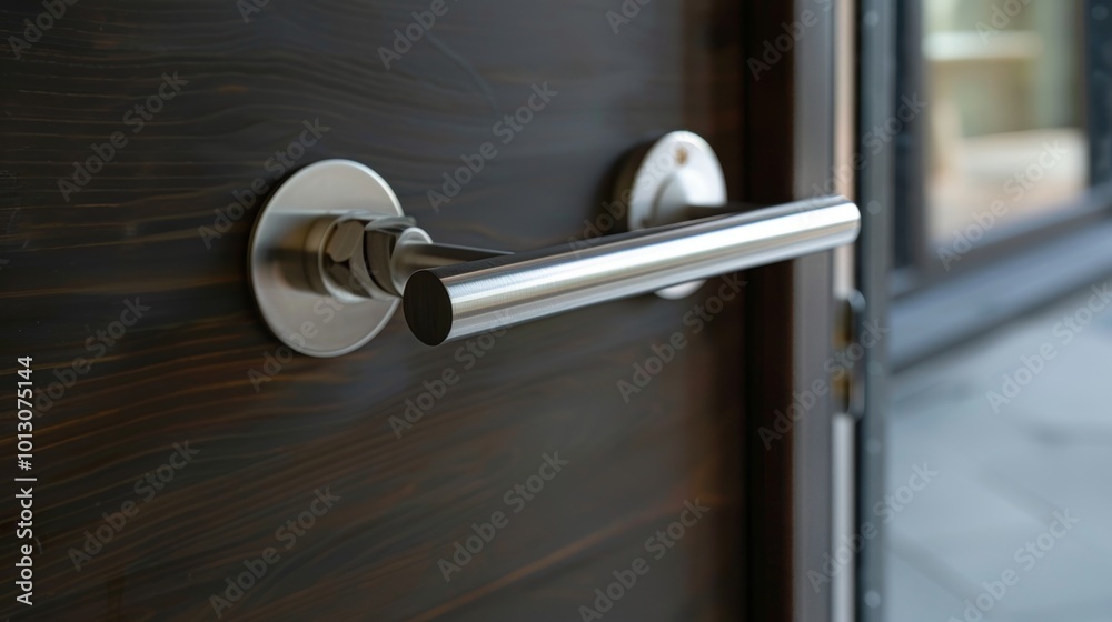 A modern stainless steel door handle with a horizontal oval backplate and a slim curved bar for opening. A modern stainless steel door handle with a horizontal oval backplate and a slim curved bar for opening.