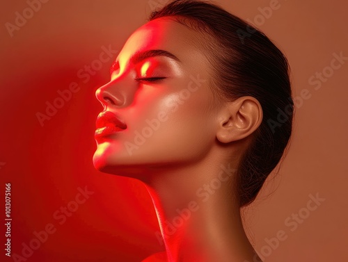 Woman with Glowing Skin under Red Light Therapy