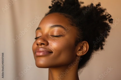 Radiant Woman with Closed Eyes and Glowing Skin