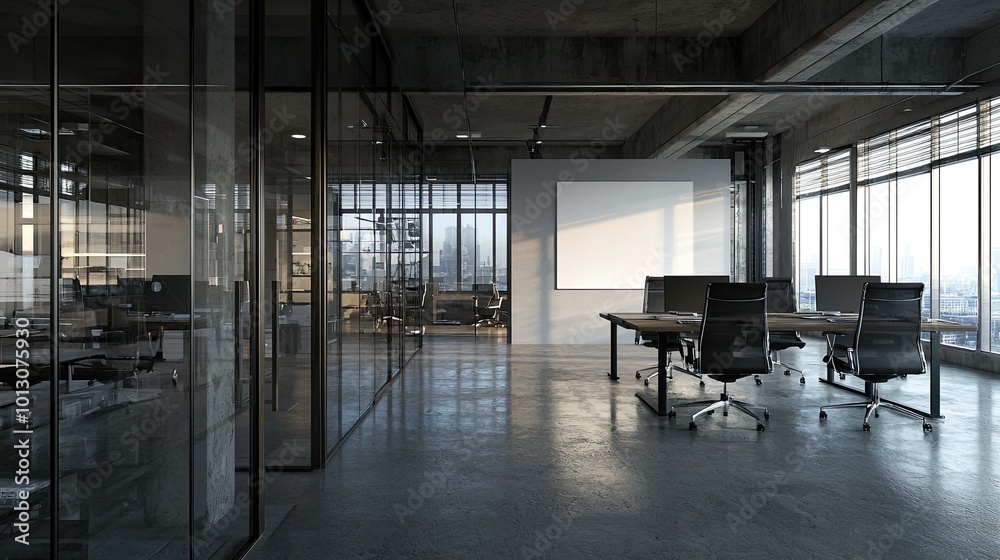 Modern office interior with glass walls and a white wall mockup for text or design, a large panoramic window, a concrete floor, black desk chairs near the table, in an industrial style Modern office interior with glass walls and a white wall mockup for text or design, a large panoramic window, a concrete floor, black desk chairs near the table, in an industrial style