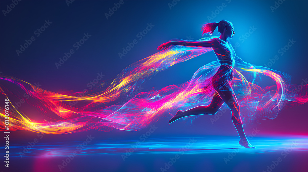 A dancer in midmotion with trails of neon colors following their movements, symbolizing the fluidity of imagination A dancer in midmotion with trails of neon colors following their movements, symbolizing the fluidity of imagination