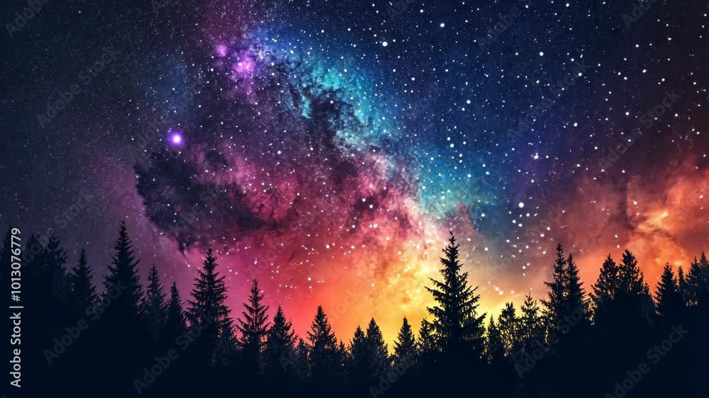 A vibrant, star-filled sky over a dark, forest silhouette A vibrant, star-filled sky over a dark, forest silhouette