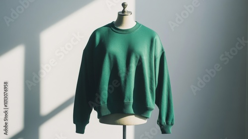 Green sweatshirt on mannequin against white background 