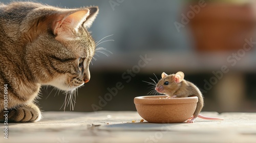 A curious cat gazes at a small mouse sitting in a bowl, highlighting the natural predator-prey relationship. photo