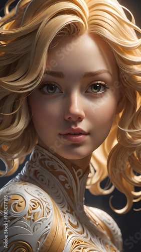 Fantasy portrait of a blonde woman with intricate glowing armor, golden curls, and blue eyes in ethereal light photo