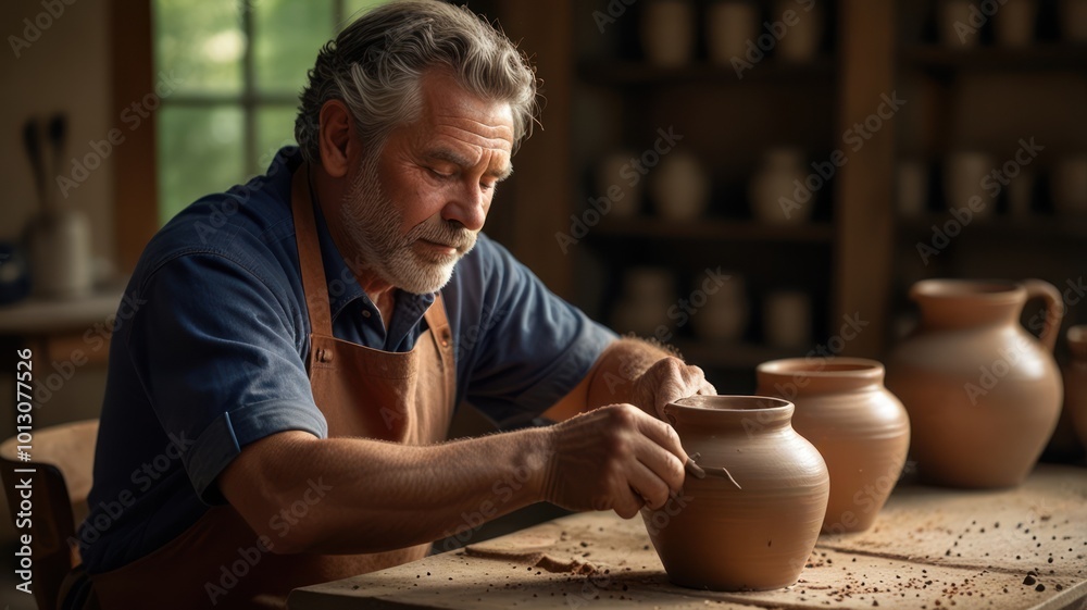 A skilled potter works meticulously on a clay pot in his workshop. A skilled potter works meticulously on a clay pot in his workshop.