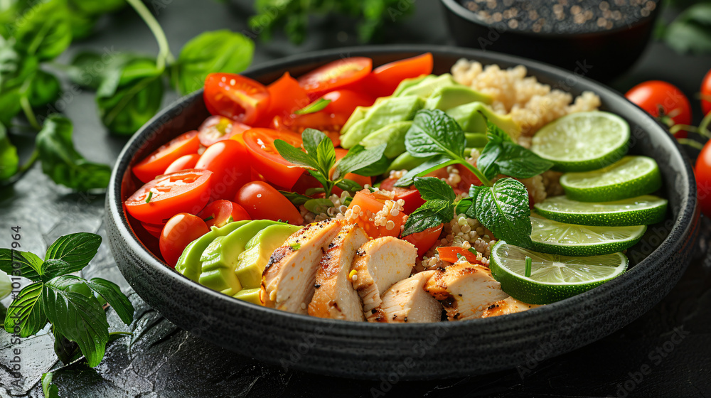 Healthy salad bowl with tomatoes chicken Healthy salad bowl with tomatoes chicken