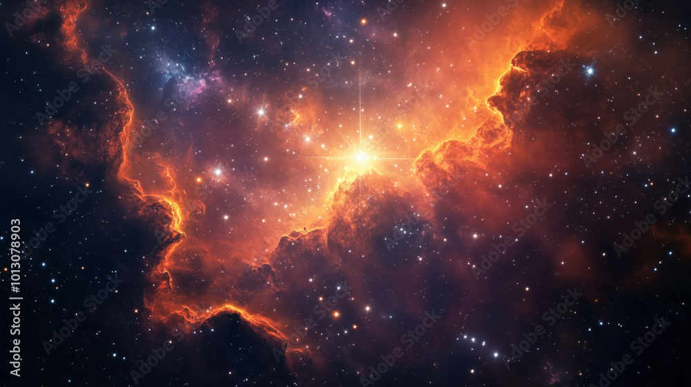 cosmic cloud of red, orange, and yellow hues illuminates night sky cosmic cloud of red, orange, and yellow hues illuminates night sky
