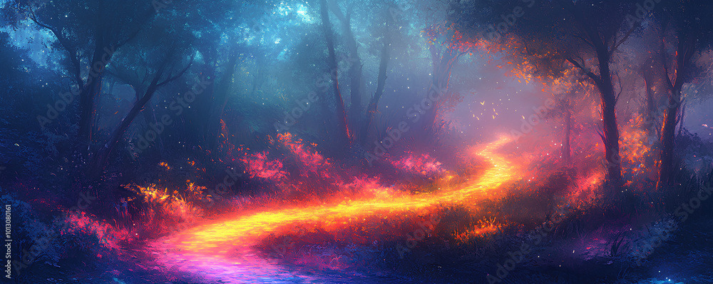A glowing path of colors winding through a surreal forest, symbolizing a journey through a dreamlike world A glowing path of colors winding through a surreal forest, symbolizing a journey through a dreamlike world