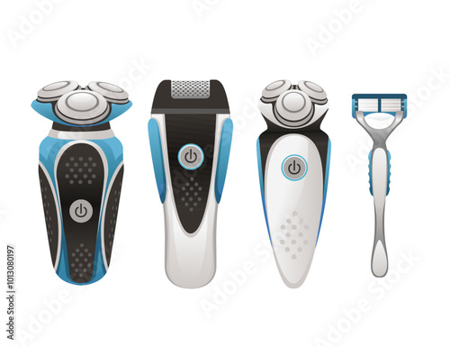 Set of men's shaving razors in a row with different electric razor models displayed in a sleek and modern design. Grooming product advertisements or online shops. Vector illustration isolated