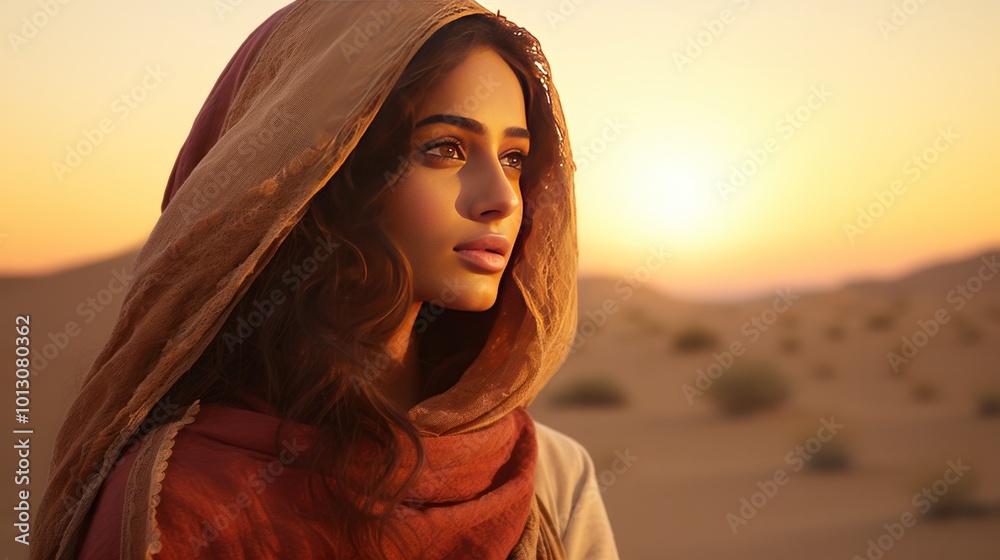 © Prapan - Portrait of a young Arab woman with traditional attire, gazing into the distance on a desert dune, © Prapan - Portrait of a young Arab woman with traditional attire, gazing into the distance on a desert dune,