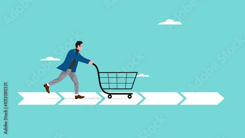 customer journey, analysis of marketing or advertising strategies, customer experience in purchasing products, man pushing shopping cart on customer journey path