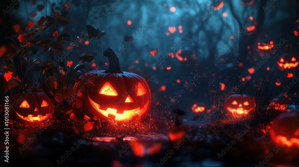 Jack O' Lanterns Glowing In Fantasy Night. Halloween Background Jack O' Lanterns Glowing In Fantasy Night. Halloween Background