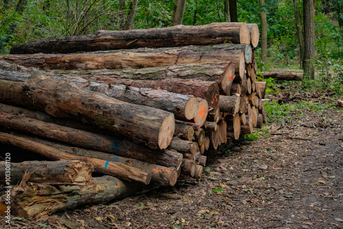 freshly cut logs stacked along the edge of the forest, autumn Czech Republic