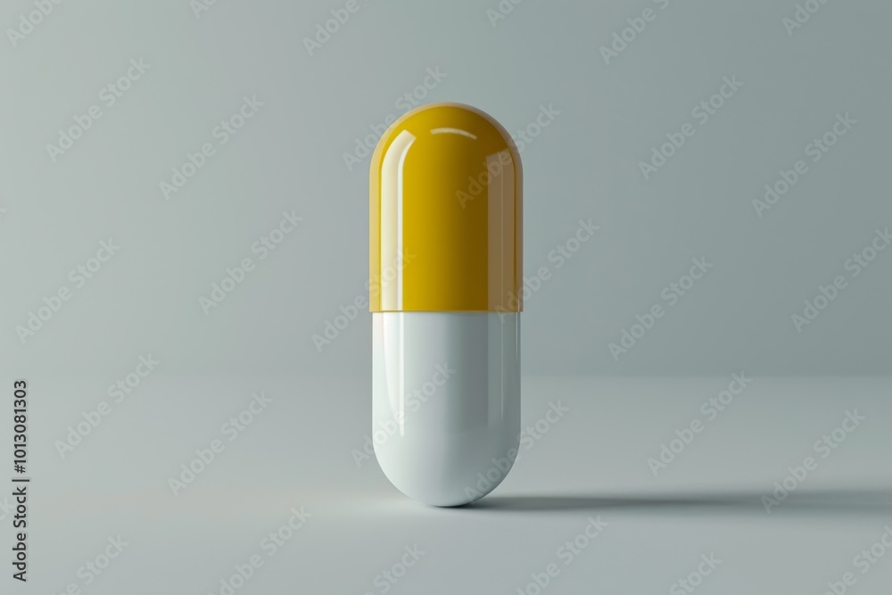 A minimalist product photography setup features a white and yellow capsule pill with modernist design, rendered in 3D mock-up style against a light white backdrop. A minimalist product photography setup features a white and yellow capsule pill with modernist design, rendered in 3D mock-up style against a light white backdrop.