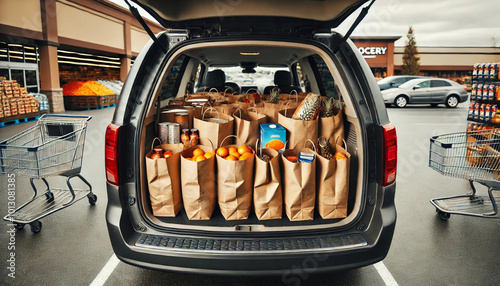 A car trunk is full of groceries, including oranges and bags. The trunk is open, and the groceries are piled in photo