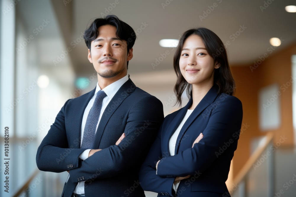 Two business people standing with arms crossed in office building Two business people standing with arms crossed in office building