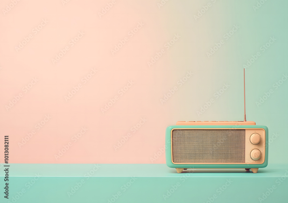 Obraz premium Antilo radio illustration design, 80s and 90s, retro colors on pastel green pink neon light background, copy space design