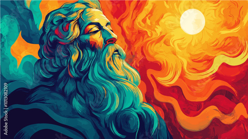 Vector illustration portraying a wise philosopher in deep thought, with a glowing sun, symbolizing knowledge and enlightenment. Ideal for knowledge and philosophical themes.