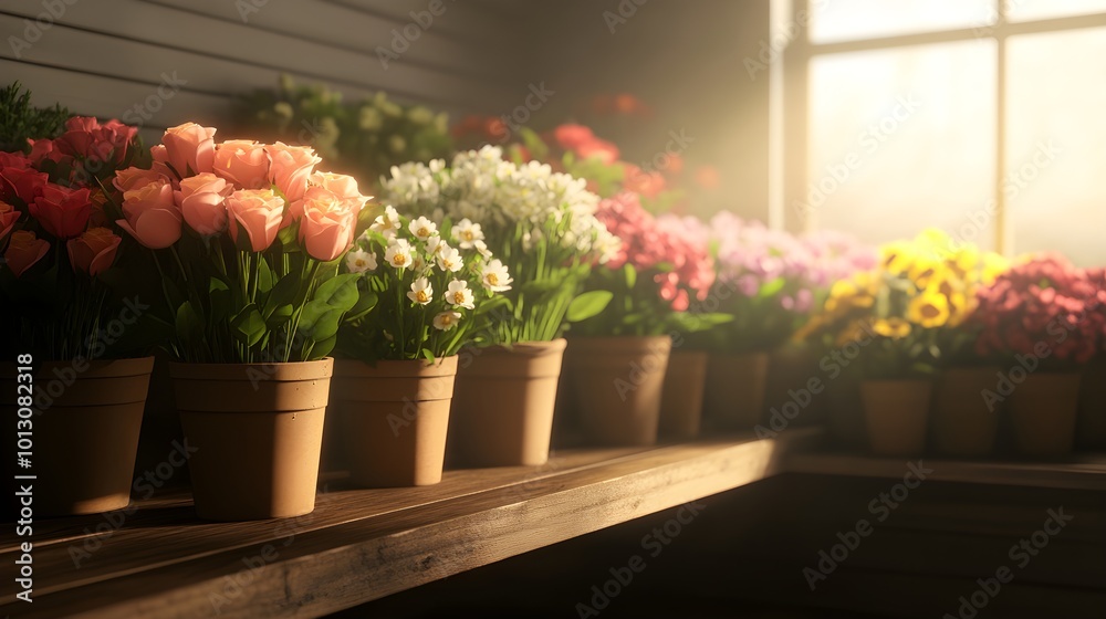Charming Rustic Flower Shop Interior with Wooden Counter Charming Rustic Flower Shop Interior with Wooden Counter