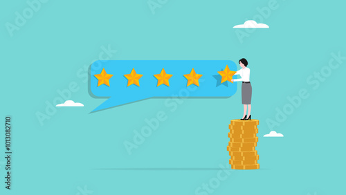 five star rating, businesswoman puts a star to give five star rating, business people placing 5 stars rating flat with flat style, client holding review stars concept