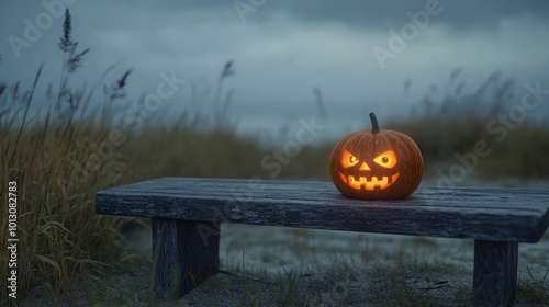 One spooky halloween pumpkin, Jack O Lantern, with an evil face and eyes on a wooden bench, table with a misty gray coastal night background with space for product placement. photo