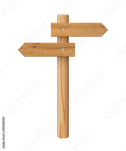3d wooden signboard vector illustration. Realistic wood sign post. Blank arrow with wood texture, plywood road pointer. City guidance.
