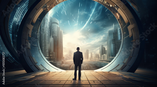 Time travel portal opening in a futuristic business district, business man stepping out