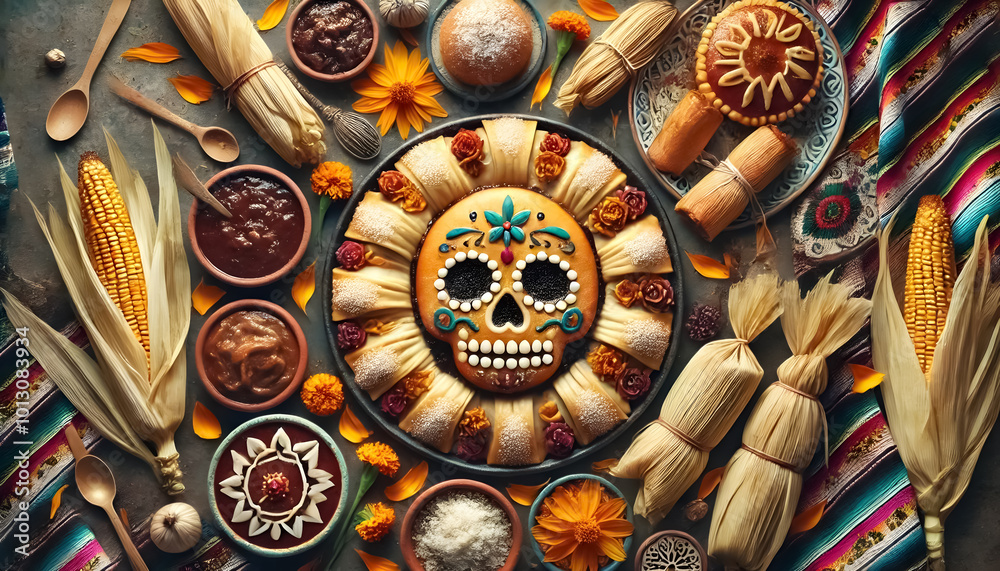 Fototapeta premium Flat lay with traditional Mexican food including pan de muerto, tamales, and mole for Day of the Dead.