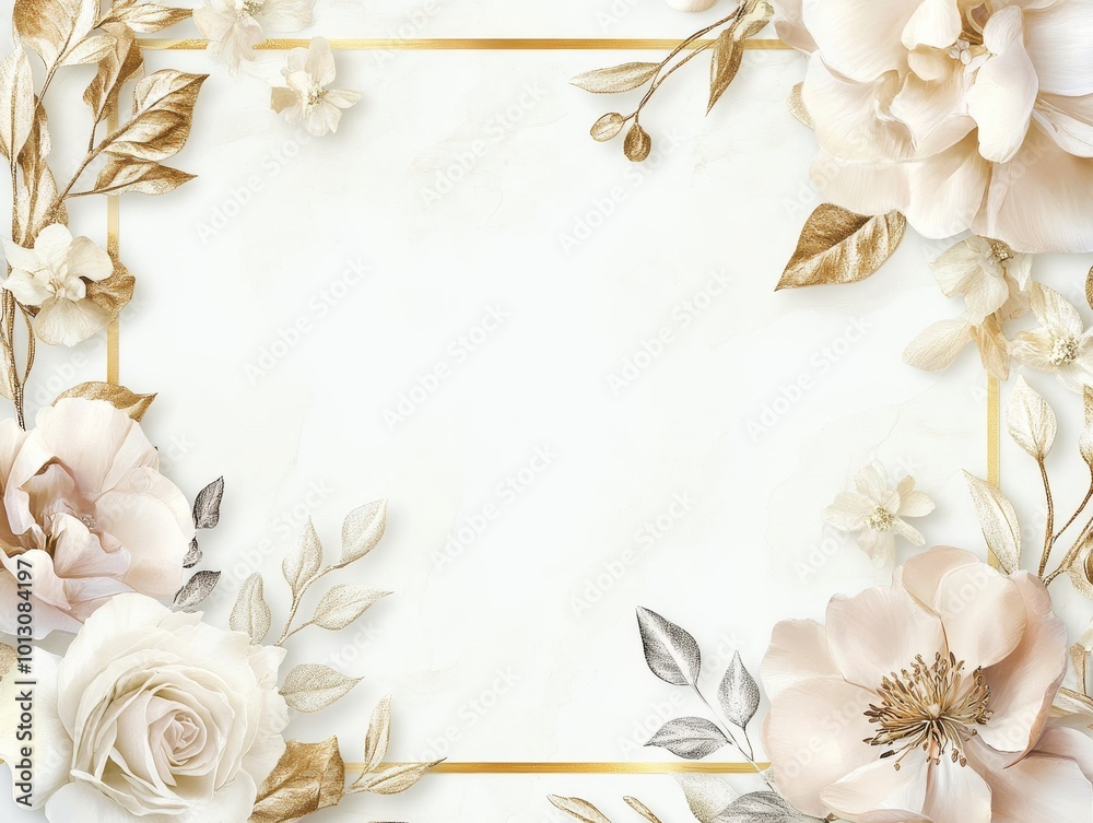 2408 17.An elegant wedding invitation with a golden frame delicately wrapped in floral arrangements. Soft blush and ivory flowers with intricate golden leaves form a beautiful border. The white 2408 17.An elegant wedding invitation with a golden frame delicately wrapped in floral arrangements. Soft blush and ivory flowers with intricate golden leaves form a beautiful border. The white