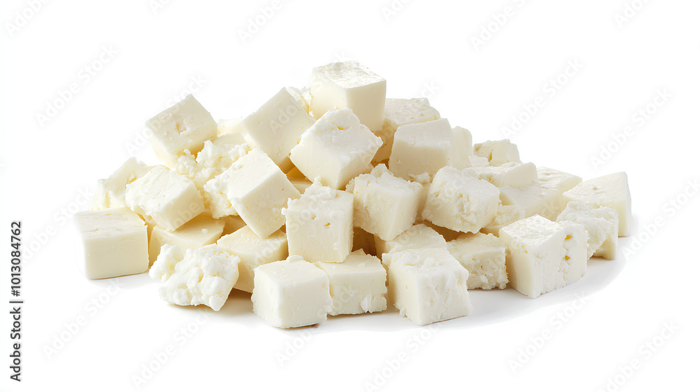 Feta cheese bundle, cut in cubes, isolated on a white background Feta cheese bundle, cut in cubes, isolated on a white background