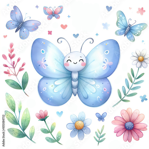 Cute cartoon butterfly isolated on white background. AI