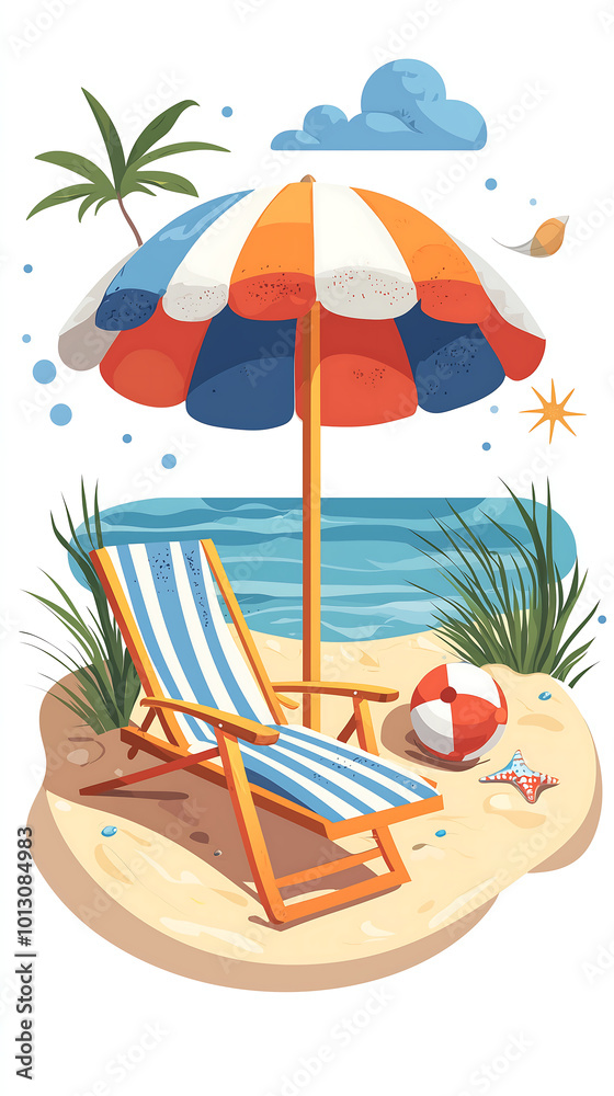 Cartoon vector style landscape view of a beach chair and umbrella on the sand with a colorful ball lying nearby against a white background Cartoon vector style landscape view of a beach chair and umbrella on the sand with a colorful ball lying nearby against a white background