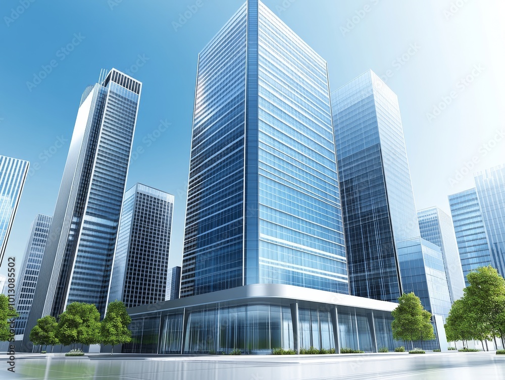 2408 45.A high-detail 3D vector illustration of a corporate office tower, emphasizing its exterior design with floor-to-ceiling windows, metal panels, and a well-maintained front plaza. The clean and 2408 45.A high-detail 3D vector illustration of a corporate office tower, emphasizing its exterior design with floor-to-ceiling windows, metal panels, and a well-maintained front plaza. The clean and