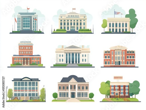 2408 52.A vector illustration of various public and private buildings, including a government office with an imposing front, a spacious school with a playground, and a theater with a classic marquee.