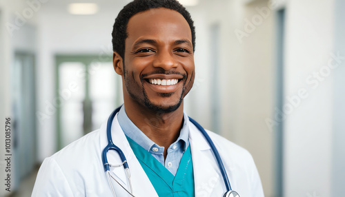 Smiling Hispanic physician with stethoscope in hospital office, caring for patient