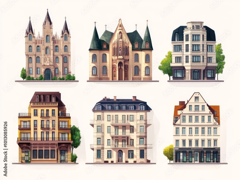 Naklejka premium 2408 55.A series of illustrations depicting iconic city buildings, including a gothic-style church, a contemporary hotel with balconies, a classic post office, and a stately government building. The