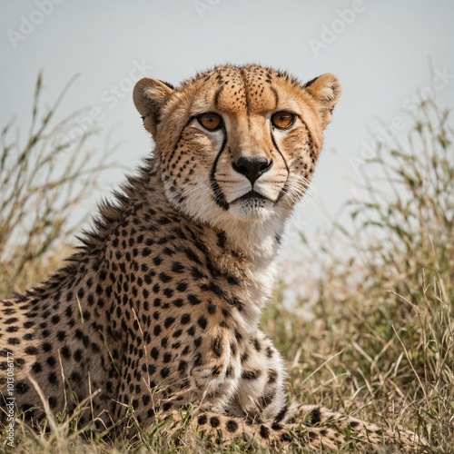 "A cheetah lounging in the shade, its sleek body resting against a clean white background."