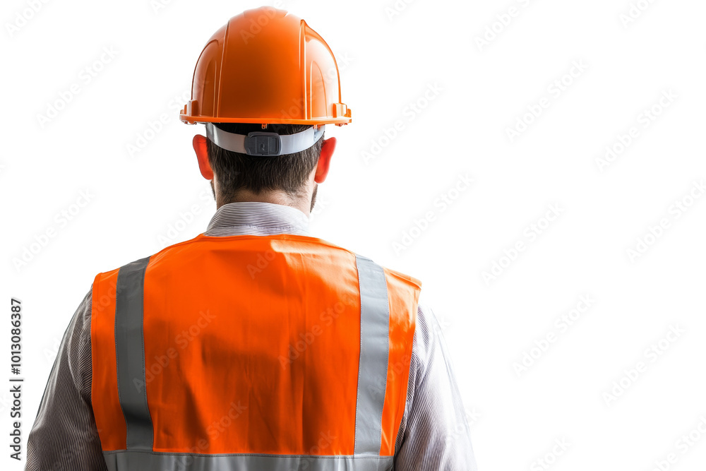 Construction worker in an orange safety vest and helmet, focused on tasks ahead against a white isolate background. Construction worker in an orange safety vest and helmet, focused on tasks ahead against a white isolate background.