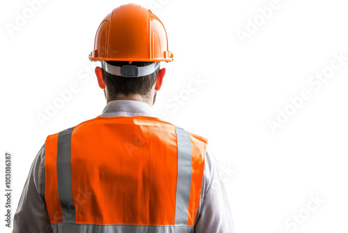 Construction worker in an orange safety vest and helmet, focused on tasks ahead against a white isolate background. photo