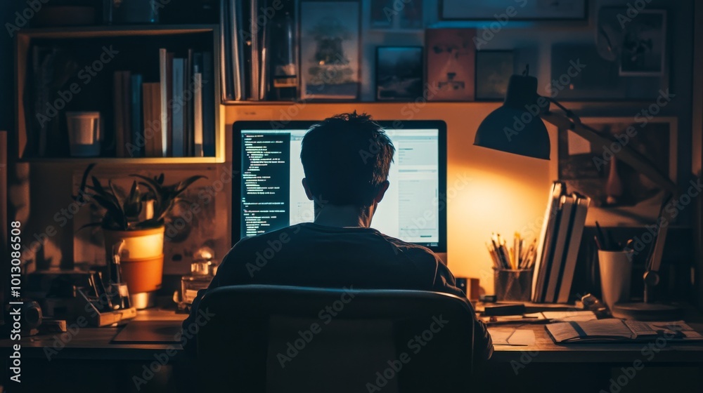 A man sits at his desk in a dimly lit room, working late on his computer.