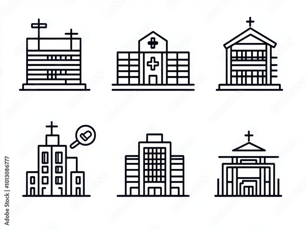 2408 54.A collection of city building facades, including a grand theater with decorative pillars, a university with a modern glass design, and a government office with a flagpole and formal entryway. 2408 54.A collection of city building facades, including a grand theater with decorative pillars, a university with a modern glass design, and a government office with a flagpole and formal entryway.