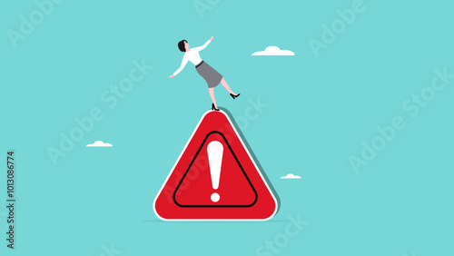 business risk, economic recession or investment failure, problem or bad management, businesswoman slip falling on exclamation symbol