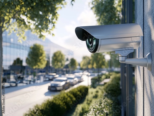 2408 81.A high-definition 3D rendering of a modern CCTV camera mounted on the exterior of an office building. The cameraâ€™s sleek, futuristic design captures a panoramic view of the surrounding area,