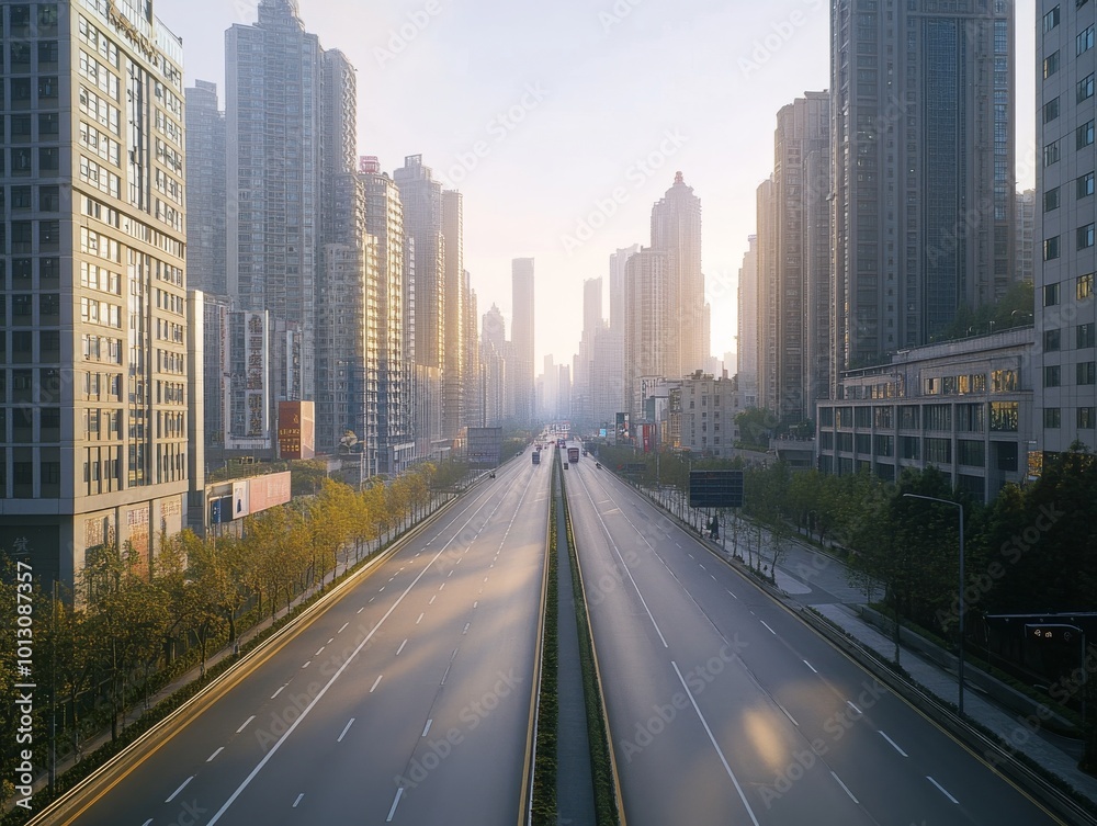 2408 88.A straight highway cutting through the bustling city of Chongqing, with modern high-rises towering on both sides. The early morning sun casts long shadows, and the empty road is bathed in 2408 88.A straight highway cutting through the bustling city of Chongqing, with modern high-rises towering on both sides. The early morning sun casts long shadows, and the empty road is bathed in