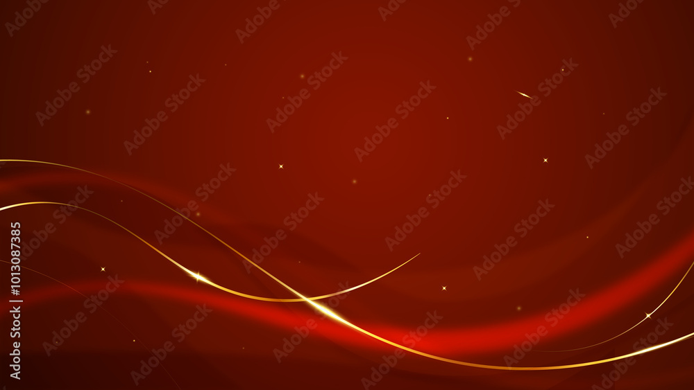 Abstract red background with glowing curved gold lines. Premium luxury ...