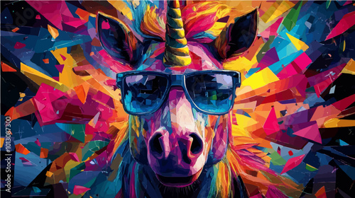 Vector image of a robotic unicorn in a vibrant style, wearing sunglasses. Great for tech, fantasy, and modern pop culture themes.