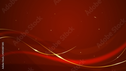 Abstract red background with glowing curved gold lines. Premium luxury design style.